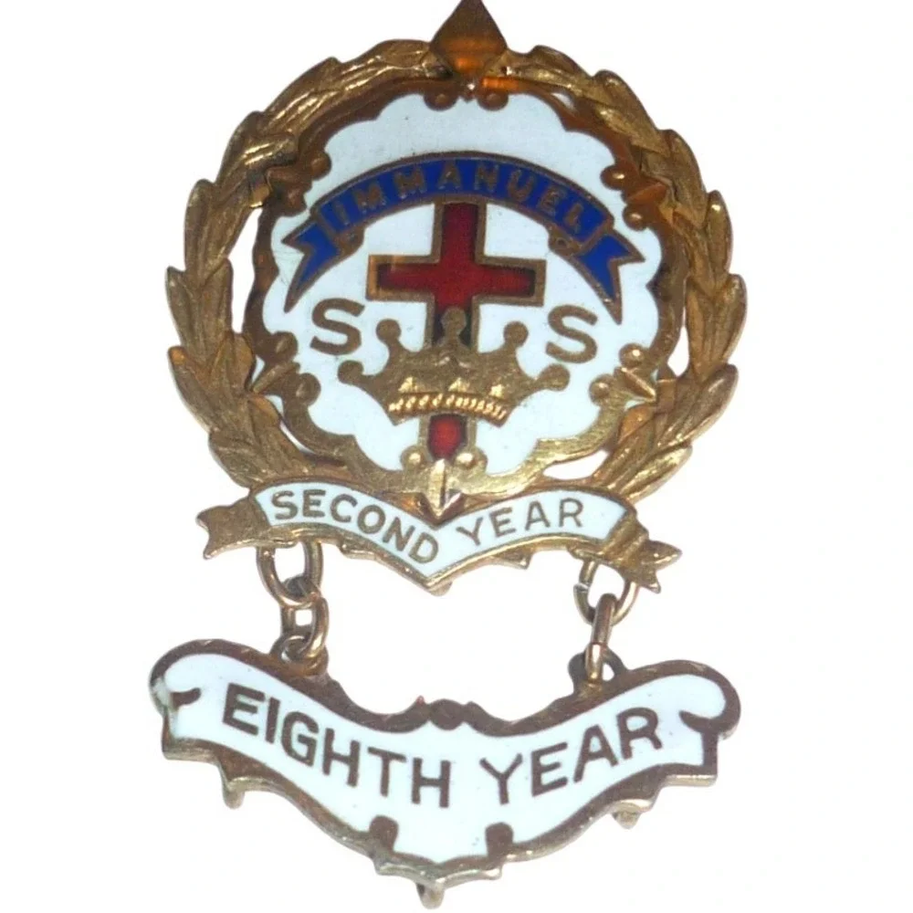Vintage Immanuel Sunday School Pin Second & Eighth Year Enamel Cross Award